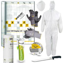 ISOVER Isolation toit en kit complet   pour les petits et grands combles : laine de verre, membrane étanchéité, colle, ruban adhésif, couteau pour isolant, combinaison de protection jetable, masque respiratoire, gants 