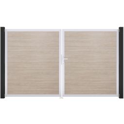 Portail double clôture à lames GroJa BasicLine étroit PVC, couleur sheffield oak cadre en aluminium de haute qualité pour plus de stabilité, remplissages enrichis de films PVC, 300 × 180 × 4 cm