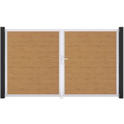 Portail double clôture à lames GroJa BasicLine étroit PVC, couleur chêne naturel cadre en aluminium de haute qualité pour plus de stabilité, remplissages enrichis de films PVC, 300 × 180 × 4 cm