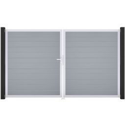 Portail double clôture à lames GroJa BasicLine étroit PVC, couleur gris argent cadre en aluminium de haute qualité pour plus de stabilité, remplissages enrichis de films PVC, 300 × 180 × 4 cm