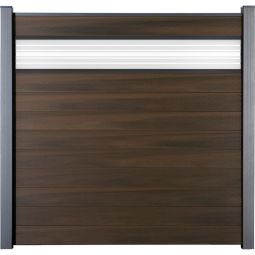 Clôture à lames Solid GroJa panneau de confidentialité et insert design en verre ESG de 30 cm, noyer co-extrudé Kit composé de 10 panneaux et d'un insert en verre, 180 × 180 × 1,9 cm, avec lattes adaptatrices, profil de finition et ensemble de cale