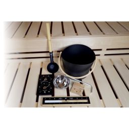 Kit d'accessoires de sauna Karibu Premium 5 pièces Kit d'accessoires Premium pour les infusions ainsi que le contrôle du climat et du temps, avec thermo-hygromètre, sablier, louche, seau d'infusion et pot à arômes
