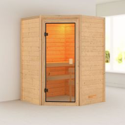Sauna Karibu Woodfeeling Antonia Système à emboîtement et vissage pratique, esthétique soignée grâce à l'entrée d'angle
