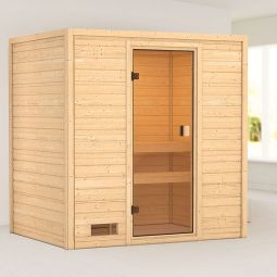 Sauna Karibu Woodfeeling Selena Idéal pour les petites pièces et les plafonds bas, système à emboîtement et vissage pratique