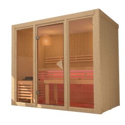 Karibu Sauna Avari 3 Sauna à éléments à intérieur spacieux pour jusqu'à trois personnes avec façade vitrée teintée bronze et équipement intérieur Superior - au choix sans poêle ou avec poêle de sauna 9 kW