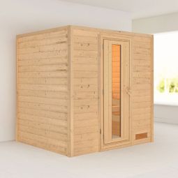 Sauna Karibu Woodfeeling Anja Madriers en bois massif de 38 mm, système à emboîter et visser pratique, convient pour 2 à 3 personnes