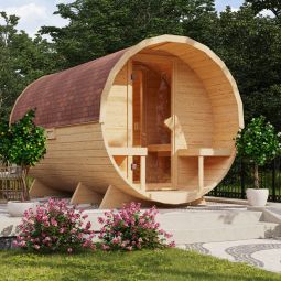 Sauna tonneau Karibu 3 naturel différentes variantes, en épicéa nordique massif de 38 mm