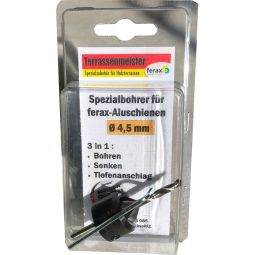 Perceuse spéciale pour rail en aluminium ferax avec ébavurage et butée adapté au système de terrasse Terrassenmeister 3en1 Ø 4,5mm