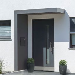 Auvent de porte rectangulaire gutta BS Plus avec boîte aux lettres anthracite Auvent de style Bauhaus, drainage intégré grâce au tuyau de descente dans la partie latérale