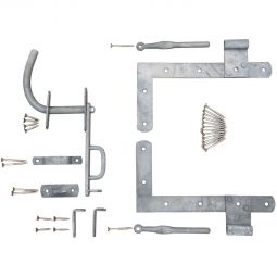 Ferrure portail de clôture à lamelles T&J Maxi en métal galvanisé, composé de paumelles et d'une garniture de poignée