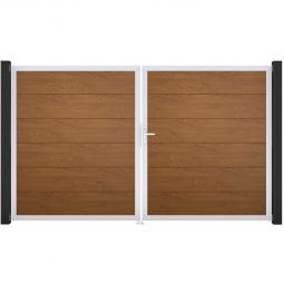 Portail double GroJa BasicLine PVC pour clôture emboîtables, couleur golden oak Remplissage revêtu de films PVC résistants, cadre en aluminium peint par poudre, dimensions 300x180 cm