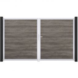 Portail double GroJa BasicLine PVC pour clôture emboîtables, couleur monument oak Remplissage revêtu de films PVC résistants, cadre en aluminium peint par poudre, dimensions 300x180 cm