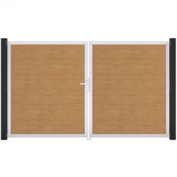 Portail double GroJa BasicLine PVC pour clôture emboîtables, couleur chêne naturel Remplissage revêtu de films PVC résistants, cadre en aluminium peint par poudre, dimensions 300x180 cm