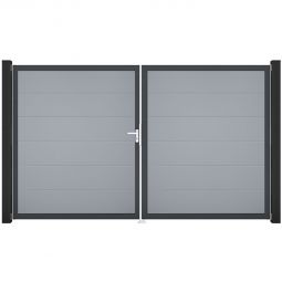 Portail double GroJa BasicLine PVC pour clôture emboîtables, couleur gris argent Remplissage revêtu de films PVC résistants, cadre en aluminium peint par poudre, dimensions 300x180 cm