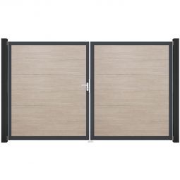 Portail double GroJa BasicLine PVC pour clôture emboîtables, couleur sheffield oak Remplissage revêtu de films PVC résistants, cadre en aluminium peint par poudre, dimensions 300x180 cm