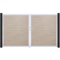 Portail double clôture à lames GroJa BasicLine étroit PVC, couleur sheffield oak cadre en aluminium de haute qualité pour plus de stabilité, remplissages enrichis de films PVC, 300 × 180 × 4 cm