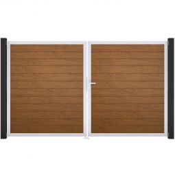 Portail double clôture à lames GroJa BasicLine étroit PVC, couleur golden oak cadre en aluminium de haute qualité pour plus de stabilité, remplissages enrichis de films PVC, 300 × 180 × 4 cm