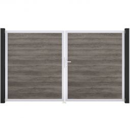 Portail double clôture à lames GroJa BasicLine étroit PVC, couleur monument oak cadre en aluminium de haute qualité pour plus de stabilité, remplissages enrichis de films PVC, 300 × 180 × 4 cm