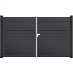 Portail double clôture à lames GroJa BasicLine étroit PVC, couleur anthracite cadre en aluminium de haute qualité pour plus de stabilité, remplissages enrichis de films PVC, 300 × 180 × 4 cm