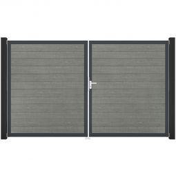 Portail double clôture à lames GroJa BasicLine étroit PVC, couleur grey ash cut cadre en aluminium de haute qualité pour plus de stabilité, remplissages enrichis de films PVC, 300 × 180 × 4 cm