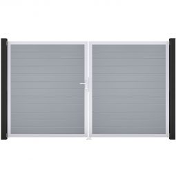 Portail double clôture à lames GroJa BasicLine étroit PVC, couleur gris argent cadre en aluminium de haute qualité pour plus de stabilité, remplissages enrichis de films PVC, 300 × 180 × 4 cm