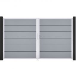 Portail double clôture à lames GroJa BasicLine Premium PVC gris argent remplissages enrichis de films PVC résistants, cadre en aluminium, dimensions 300 × 180 × 4 cm