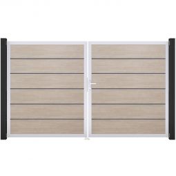 Portail double clôture à lames GroJa BasicLine Premium PVC sheffield oak remplissages enrichis de films PVC résistants, cadre en aluminium, dimensions 300 × 180 × 4 cm