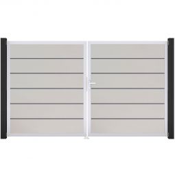 Portail double clôture à lames GroJa BasicLine Premium PVC blanc remplissages enrichis de films PVC résistants, cadre en aluminium, dimensions 300 × 180 × 4 cm