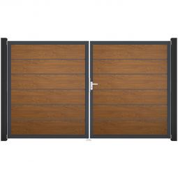 Portail double clôture à lames GroJa BasicLine Premium PVC golden oak remplissages enrichis de films PVC résistants, cadre en aluminium, dimensions 300 × 180 × 4 cm
