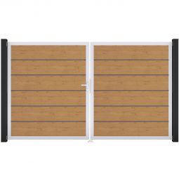 Portail double clôture à lames GroJa BasicLine Premium PVC chêne naturel remplissages enrichis de films PVC résistants, cadre en aluminium, dimensions 300 × 180 × 4 cm
