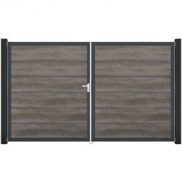 Portail double clôture à lames GroJa BasicLine Premium PVC monument oak remplissages enrichis de films PVC résistants, cadre en aluminium, dimensions 300 × 180 × 4 cm