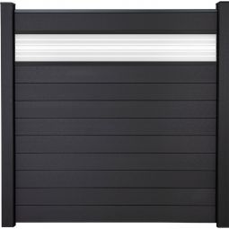 Clôture à lames Solid GroJa panneau de confidentialité et insert design en verre ESG de 30 cm, gris anthracite Kit composé de 10 panneaux et d'un insert en verre, 180 × 180 × 1,9 cm, avec lattes adaptatrices, profil de finition et ensemble de cale