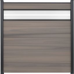 Clôture à lames Solid GroJa panneau de confidentialité et insert design en verre ESG de 30 cm, bi-color co-extrudé Kit composé de 10 panneaux et d'un insert en verre, 180 × 180 × 1,9 cm, avec lattes adaptatrices, profil de finition et ensemble de cale