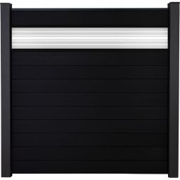 Clôture à lames Solid GroJa panneau de confidentialité et insert design en verre ESG de 30 cm, noir co-extrudé Kit composé de 10 panneaux et d'un insert en verre, 180 × 180 × 1,9 cm, avec lattes adaptatrices, profil de finition et ensemble de cale