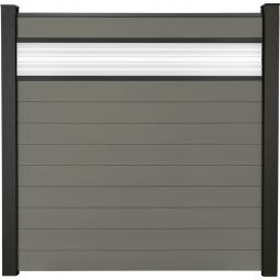 Clôture à lames Solid GroJa panneau de confidentialité et insert design en verre ESG de 30 cm, gris anthracite Kit composé de 10 panneaux et d'un insert en verre, 180 × 180 × 1,9 cm, avec lattes adaptatrices, profil de finition et ensemble de cale