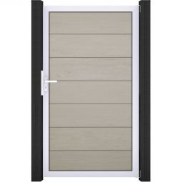 Portillon pour clôture emboîtable GroJa Solid Grande, bi-color sable co-extrudé Design élégant, cadre en aluminium anodisé, 7 remplissages en BPC, fabrication sur mesure possible