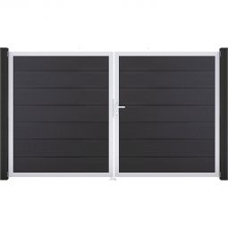 Portail double GroJa Solid Grande Premium à lames emboîtables gris anthracite Design élégant, cadre en aluminium anodisé, 7 remplissages en BPC par vantail, facile d'entretien et durable