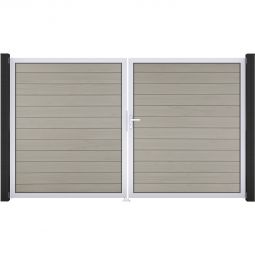 Portail double GroJa Solid pour clôture à lames emboîtables, bi-color sand élégant, stable et facile d'entretien, cadre en aluminium anodisé argenté ou anthracite