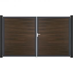 Portail double GroJa Solid pour clôture à lames emboîtables, noyer co-extrudé élégant, stable et facile d'entretien, cadre en aluminium anodisé, profils BPC co-extrudés