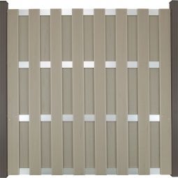 Clôture préfabriquée GroJa clôture de protection visuelle Bi-Color Sand panneau lamelles Prémonté dans un aspect classique de clôture en planches, 180x180x3,2 cm, avec 4 traverses en aluminium EV1