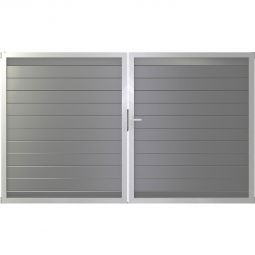 Portail double GroJa Lumino aluminium pour clôture à lames emboîtables, couleur gris argent Cadre en aluminium et lames en aluminium, thermolaqué, aspect élégant, dimensions 300x180x4 cm