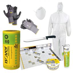 ISOVER Isolation toit en kit complet   pour les petits et grands combles : laine de verre, membrane étanchéité, colle, ruban adhésif, couteau pour isolant, combinaison de protection jetable, masque respiratoire, gants 