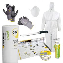ISOVER Isolation toit en kit complet   pour les petits et grands combles : laine de verre, membrane étanchéité, colle, ruban adhésif, couteau pour isolant, combinaison de protection jetable, masque respiratoire, gants 