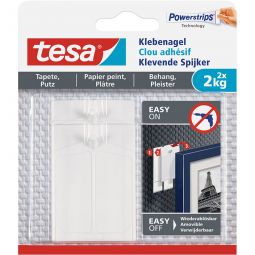 Clou adhésif tesa - lot de 2 pour papier peint et crépi, capacité de charge 0,5 kg - 2 kg