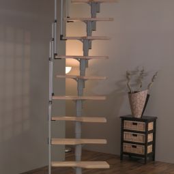 Escalier compact Minka Twister bouleau avec longeron central rampe métallique incluse, hauteur entre étages max. 294 cm