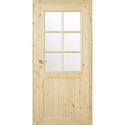 Porte de chambre avec vitrage et huisserie type 02/SP6-SP9 bois de pin non traité facile à configurer, cadre profilé et panneau de porte avec chant d'angle en bois massif