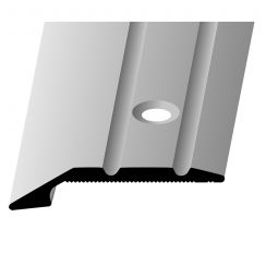 Barre de seuil d'arrêt en alu anodisé couleur acier inox PARKETTFREUND avec vis et chevilles, permettant un rattrapage de niveau de 4 mm