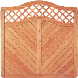 Clôture brise-vue à lames et treillis décoratif arqué en mélèze T&J SKAGEN panneau brise-vue avec arceau décoratif 180x180/165 cm en mélèze, lames profilées, barreaux et agrafes inox